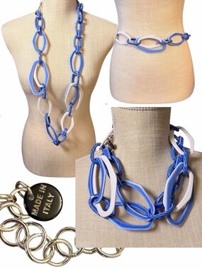 Alisha D Made in Italy Blue White Chunky Resin Chain Link Opera Necklace 43”